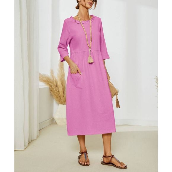 Floral Blooming Pink A-Line Puff-Sleeve Midi Dress Size XL - Picture 1 of 7